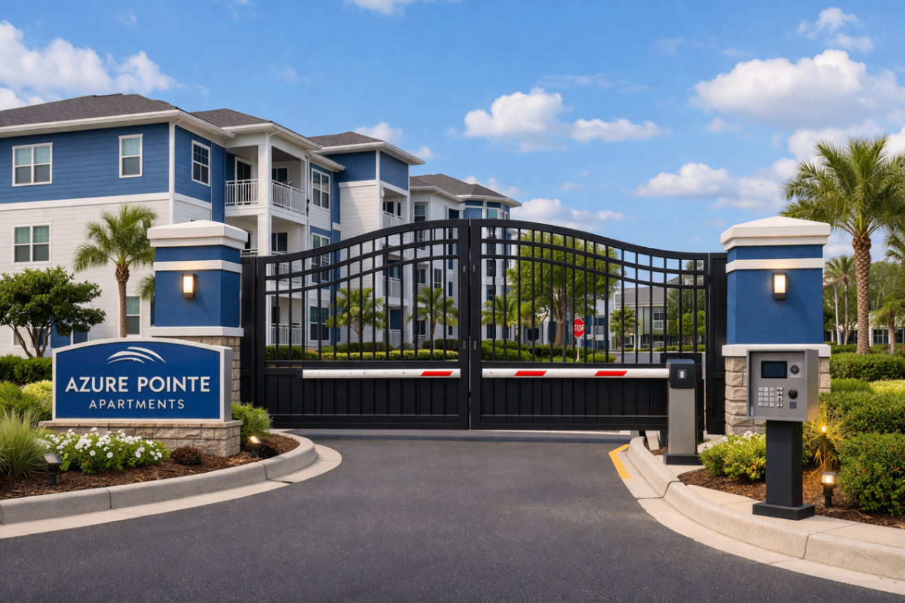 Automatic sliding gate at commercial property entrance installed by HaulkSterling